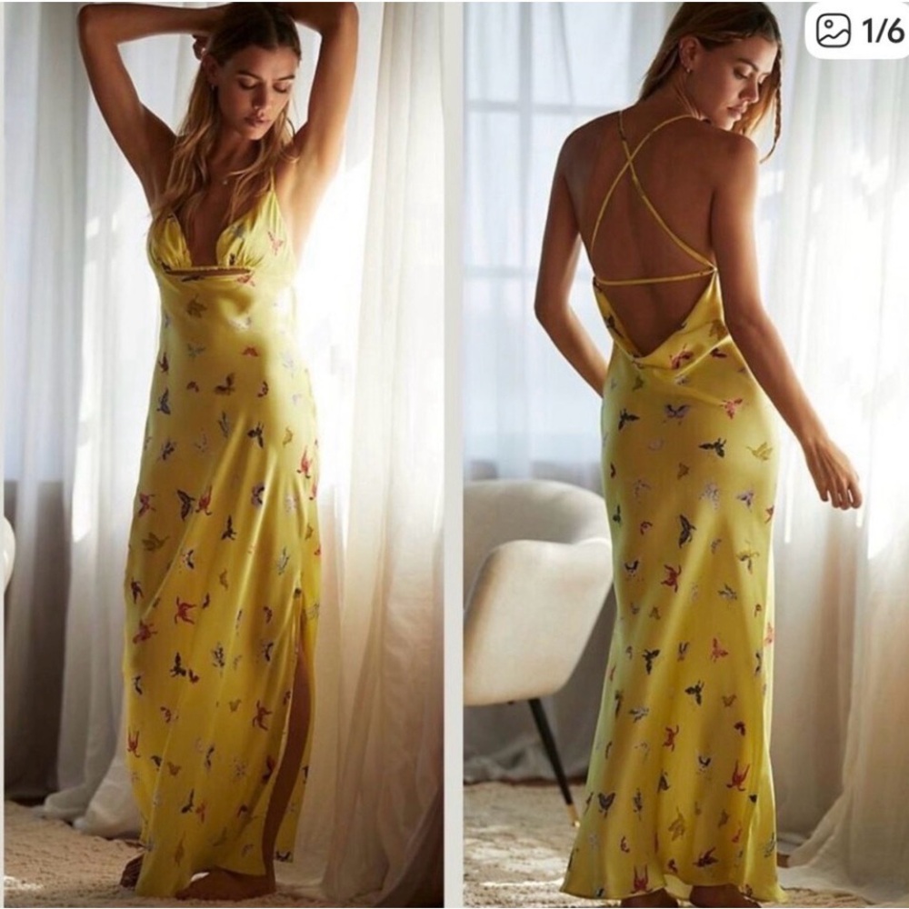 Anthropologie Yellow Butterfly no Print Backless Slip Dress